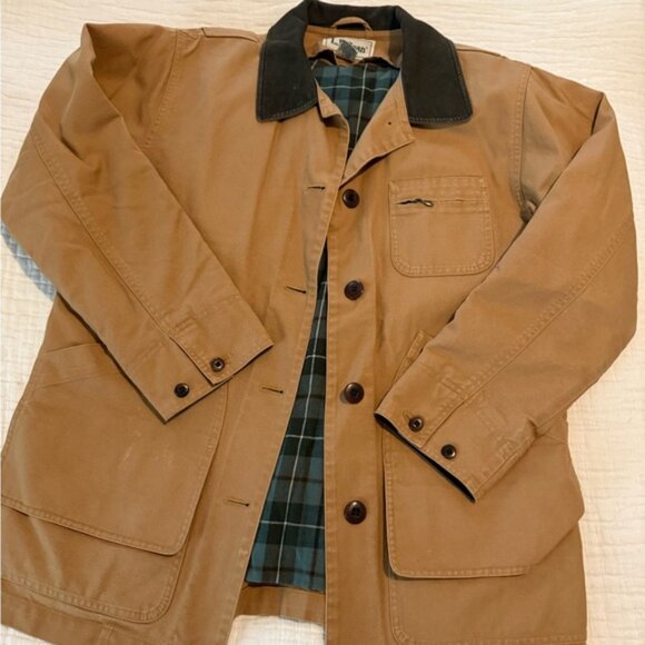 LL Bean Chore Barn Tan Jacket with Brown Collar EUC 2708 - Picture 2 of 13